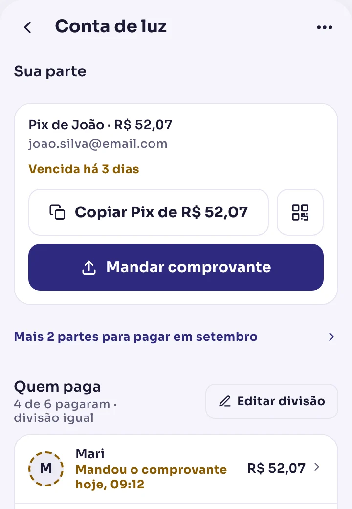 Tela da sua parte numa despesa, com o valor e a chave Pix para onde mandar.